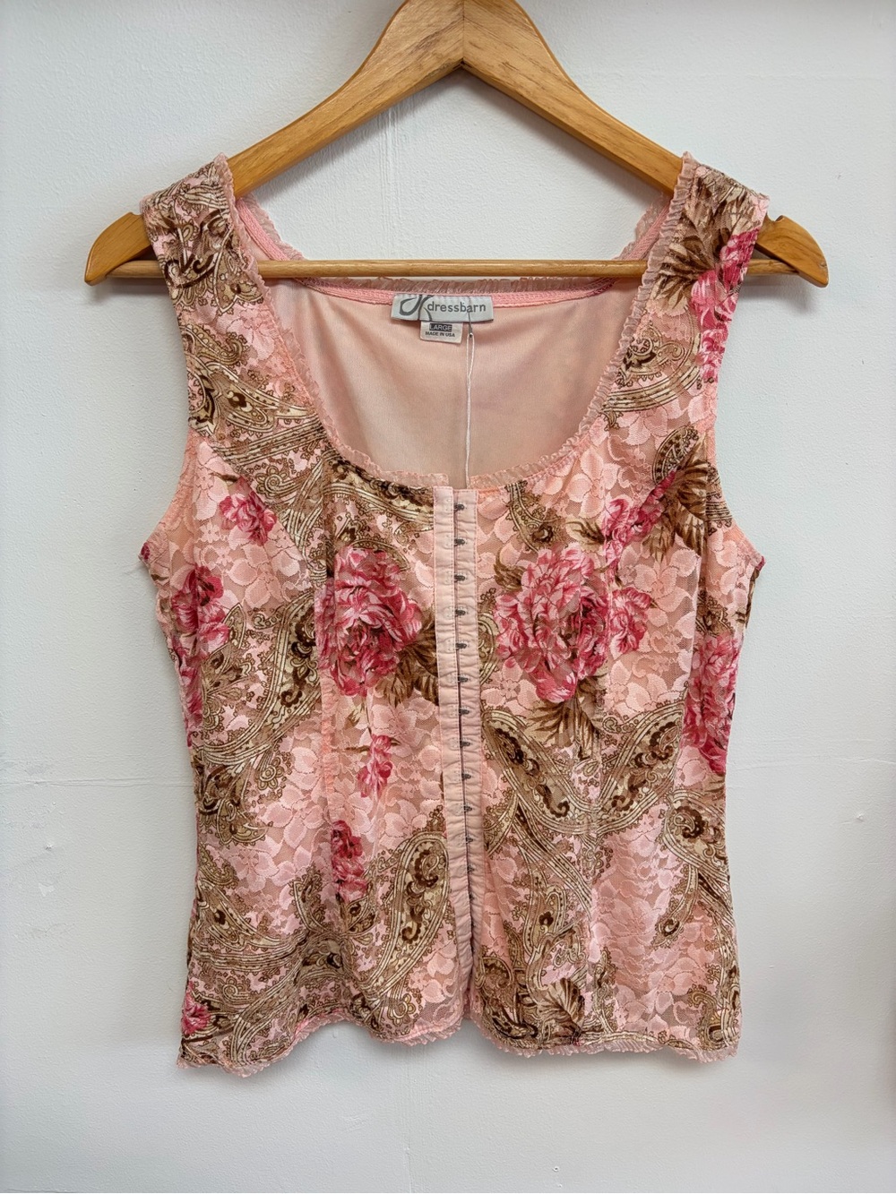 Vintage Y2K Dressbarn pink & tan paisley lace clasp front tank top
